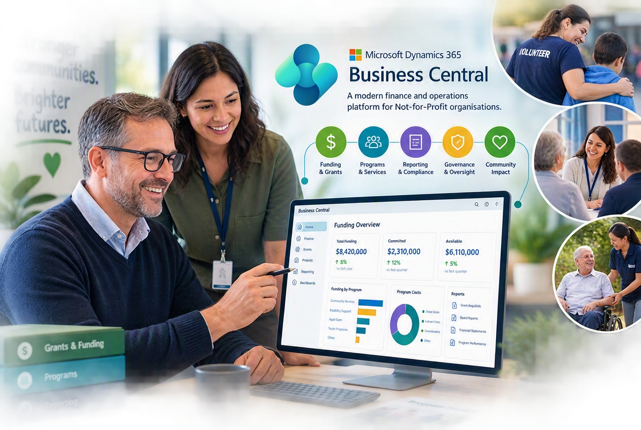 Finance team reviewing a Business Central funding dashboard for a not-for-profit organisation